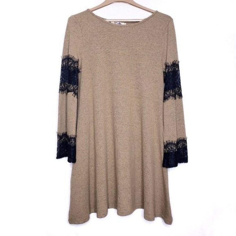 Aryeh Tan & Black Knit Lace Bell Sleeve Shift Dress Women's Size Small